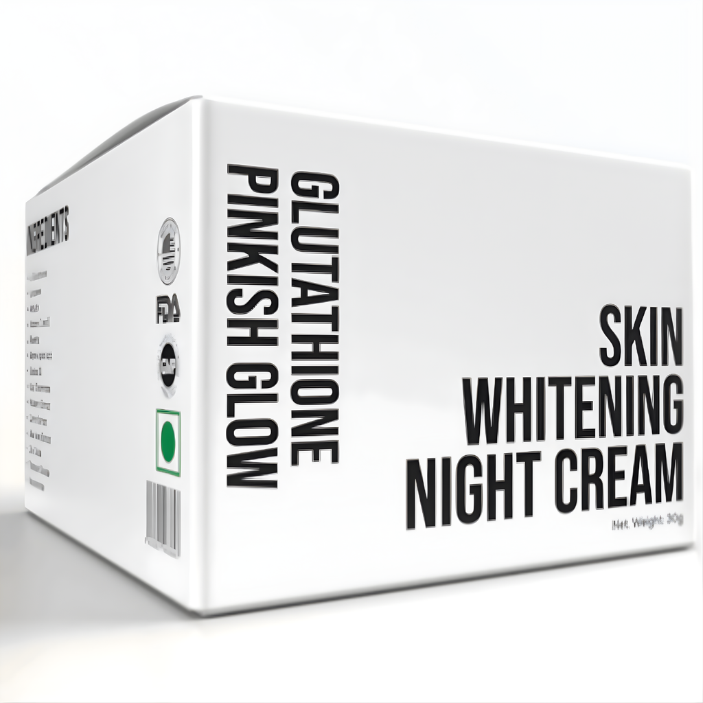 Box of skin whitening night cream with text on a white background
