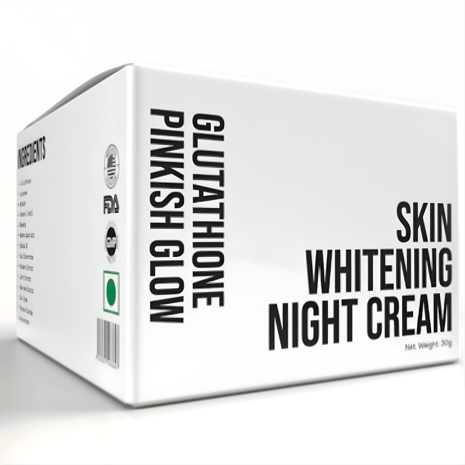 Box of skin whitening night cream with text on a white background