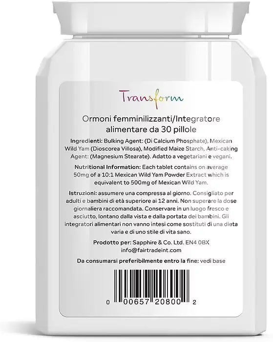 Supplement bottle label with 'Transform' branding on a white background