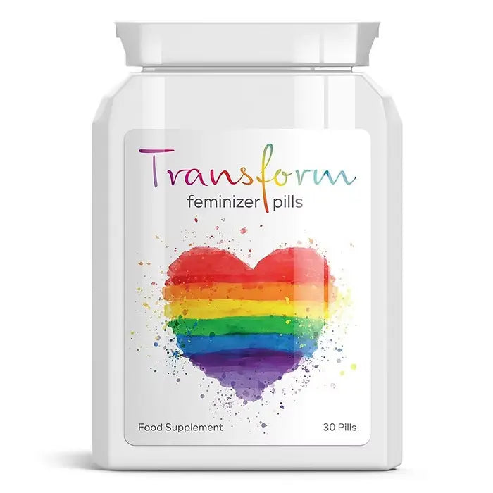 Supplement container labeled 'Transform feminizer pills' with a rainbow heart design on a white background