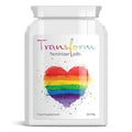 Supplement container labeled 'Transform feminizer pills' with a rainbow heart design on a white background