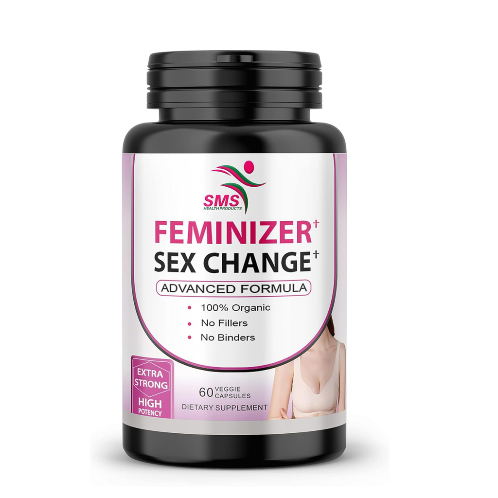 Supplement bottle labeled 'Feminizer Sex Change' on a white background