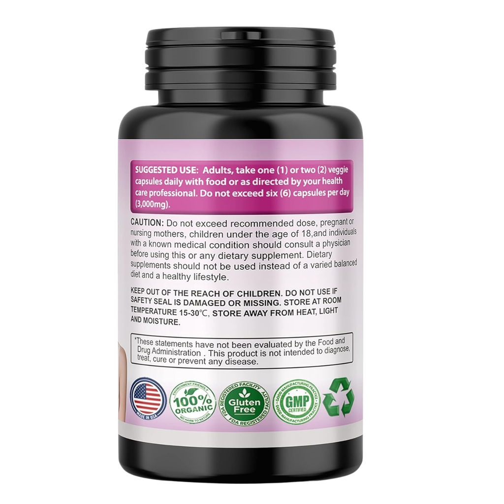 Supplement bottle label with text and certification logos on a white background