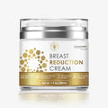 Jar of breast reduction cream with gold and white design on a white background