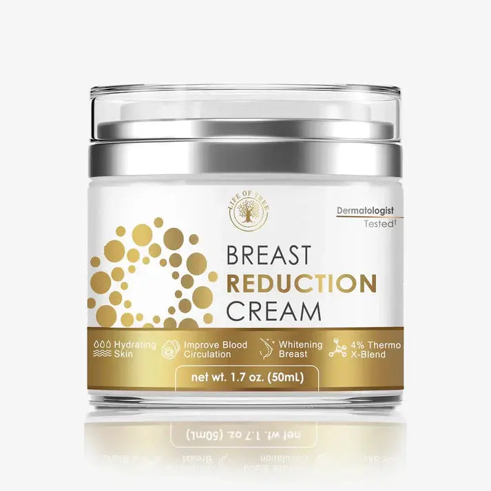 Jar of breast reduction cream with gold and white design on a white background