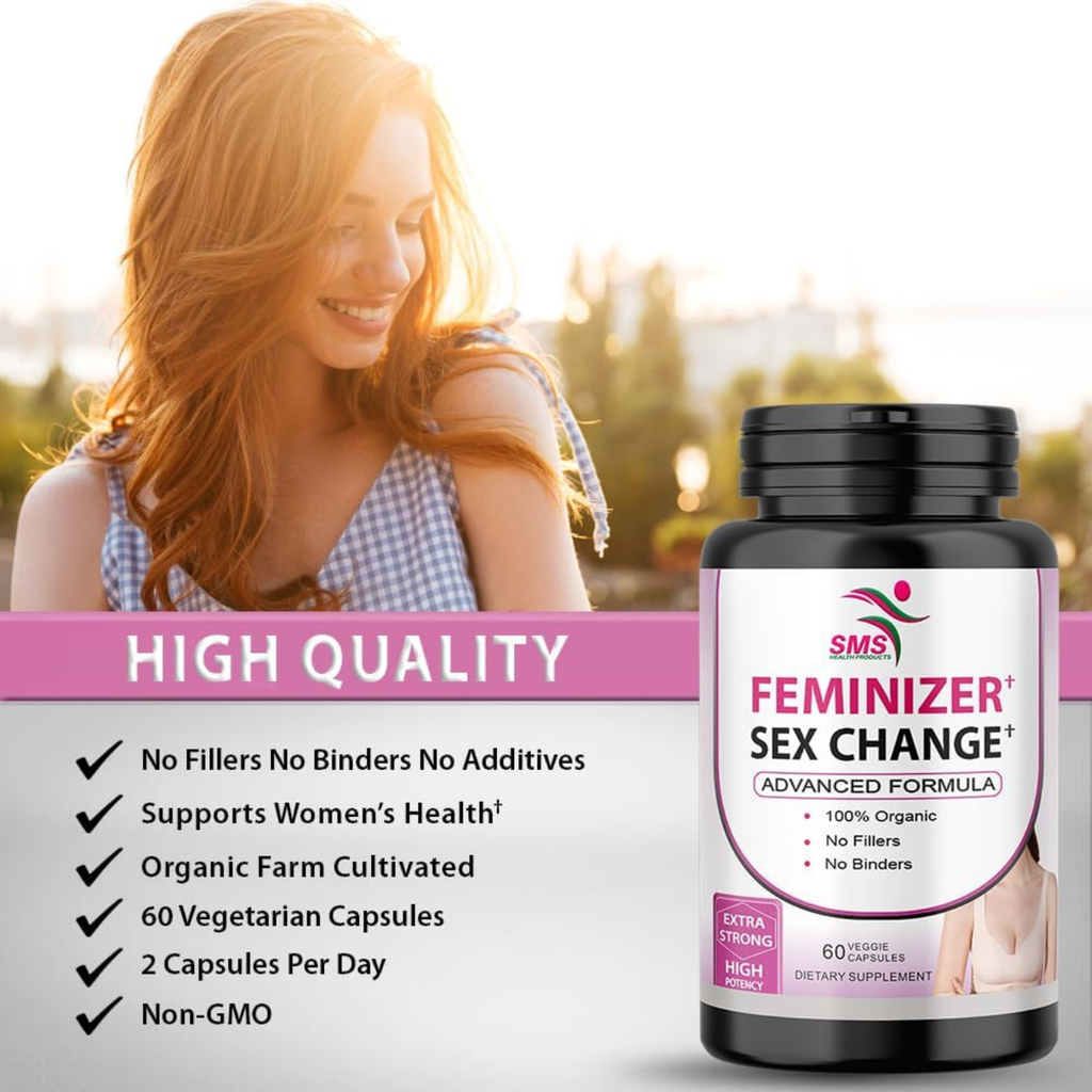 Supplement bottle labeled 'Feminizer' with a woman in the background, outdoor setting.