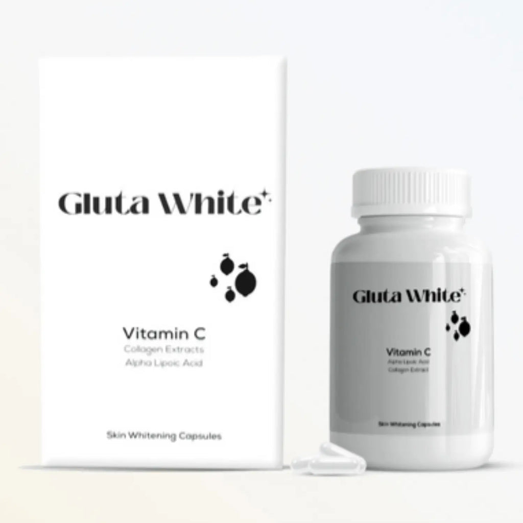 Gluta White Vitamin C supplement bottle and packaging on a white background