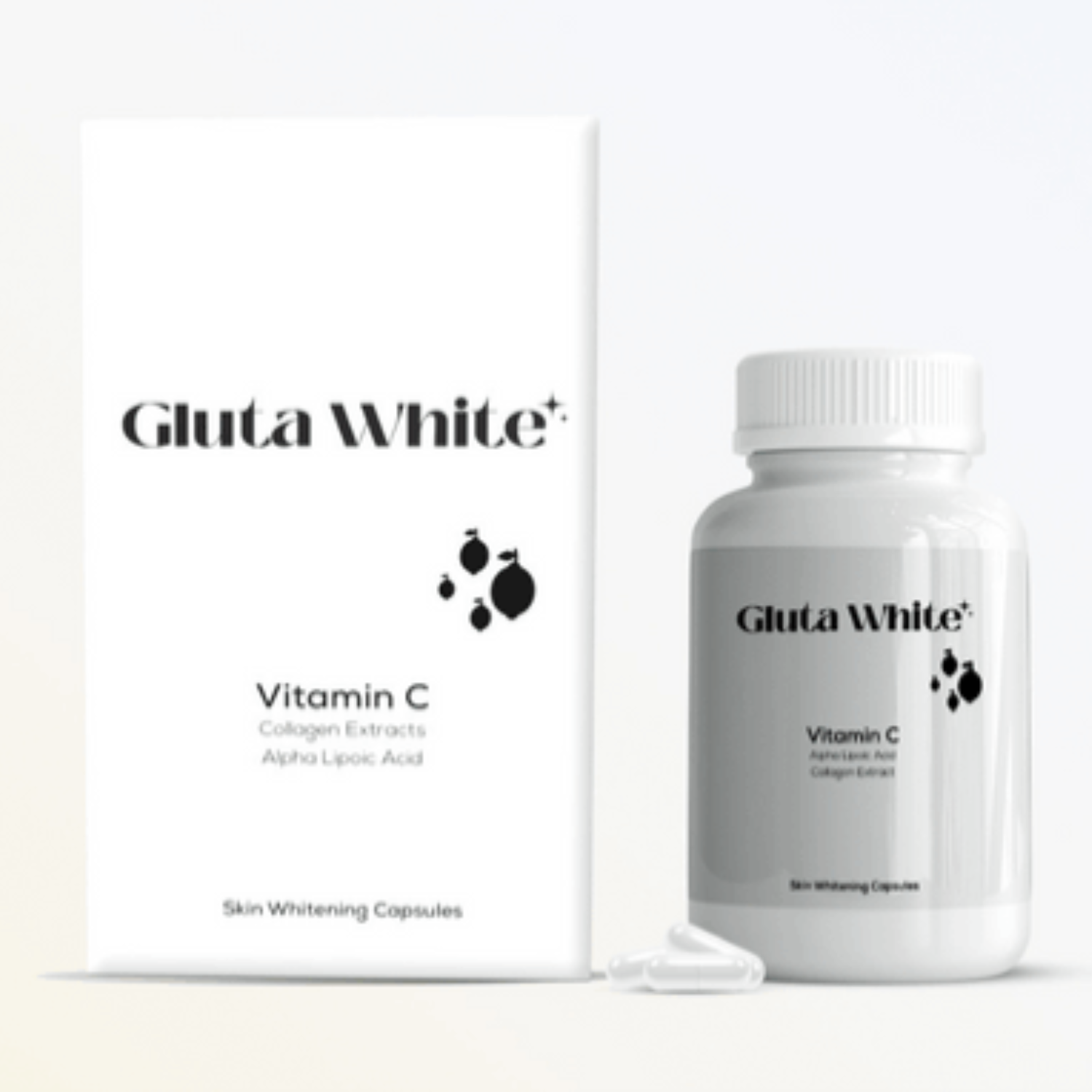 Gluta White Vitamin C supplement bottle and packaging on a white background