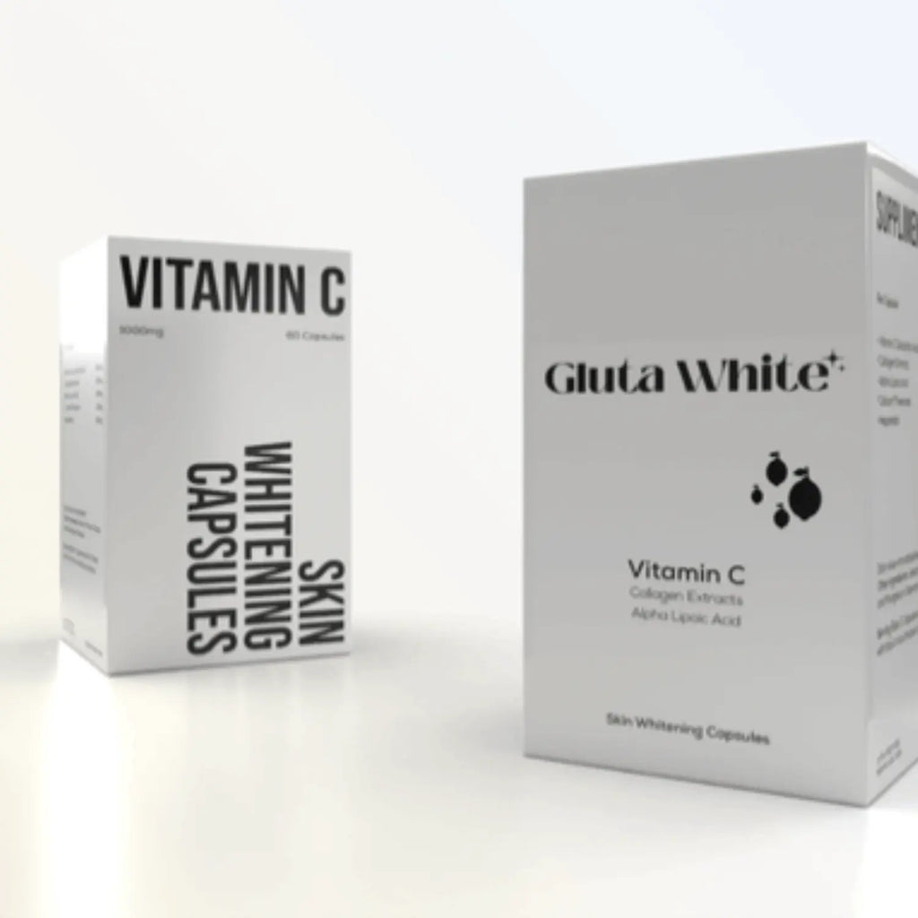 Two boxes of Gluta White+ Vitamin C Whitening Capsules on a white background