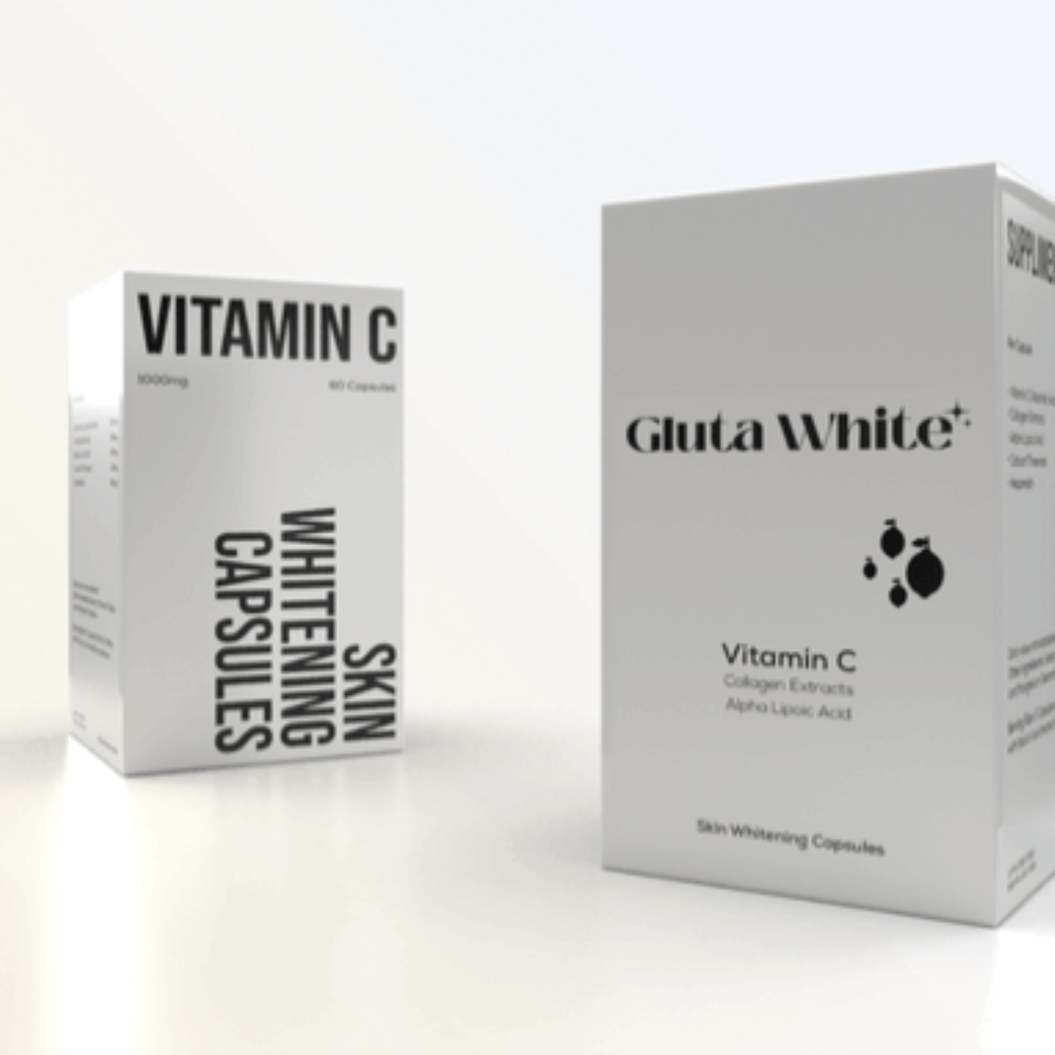 Two boxes of Gluta White+ Vitamin C Whitening Capsules on a white background