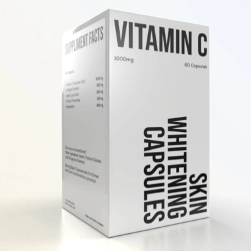 Box of vitamin C whitening skin capsules on a white background