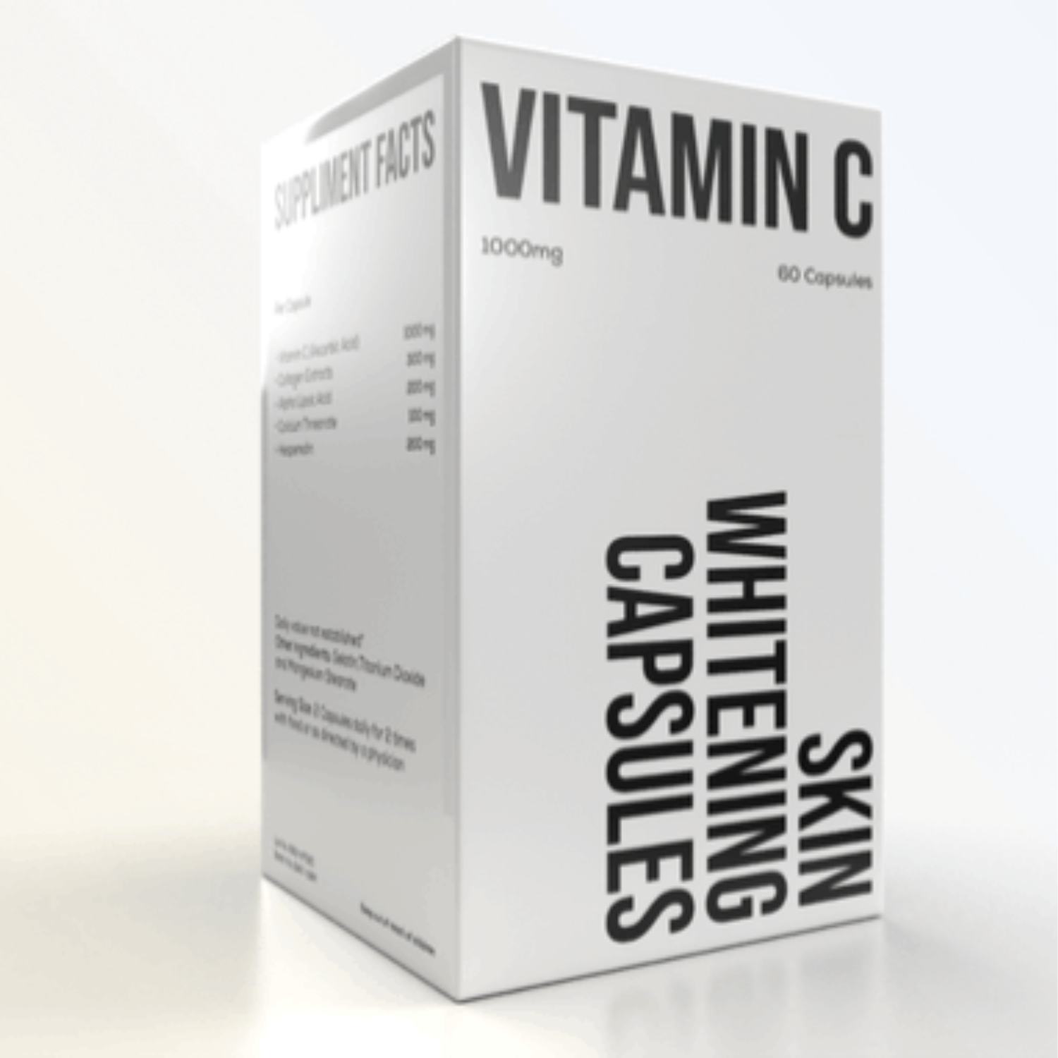 Box of vitamin C whitening skin capsules on a white background