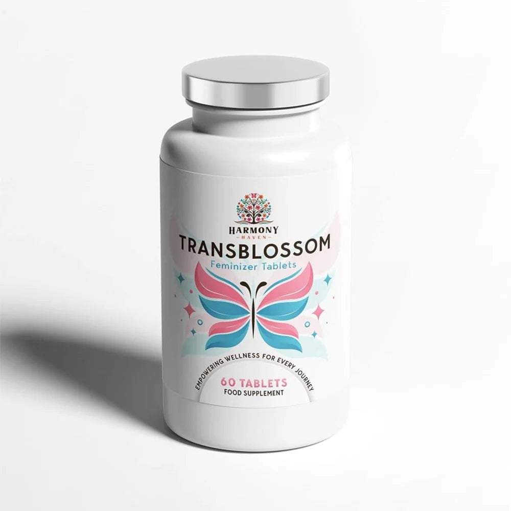 Bottle of Transblossom feminiser tablets on a white background