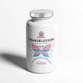 Bottle of Transblossom feminiser tablets on a white background