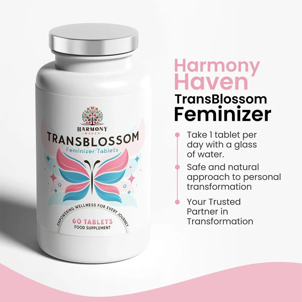 Bottle of Harmony Haven TransBlossom Feminizer with product details on a white background