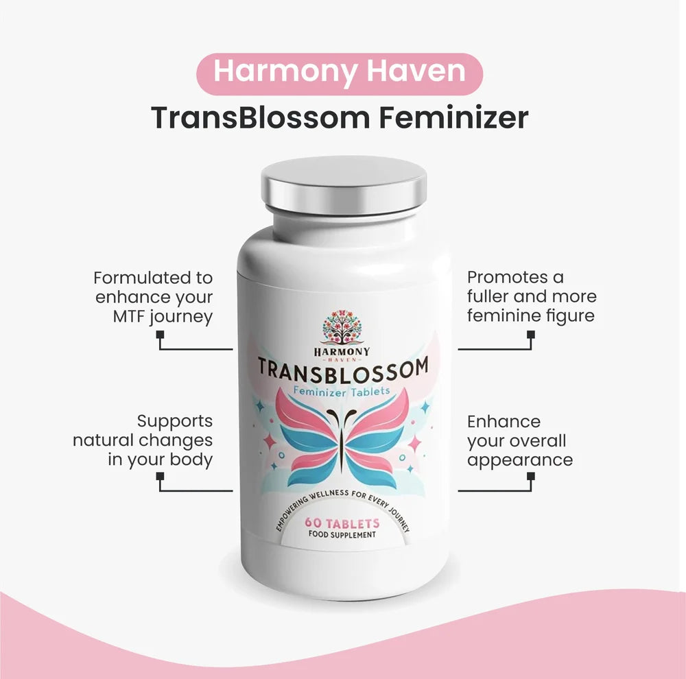 Harmony Haven TransBlossom Feminizer supplement bottle on a white background