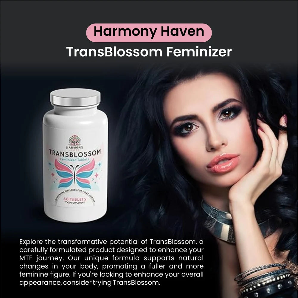 Harmony Haven TransBlossom Feminizer bottle with a model on a dark background