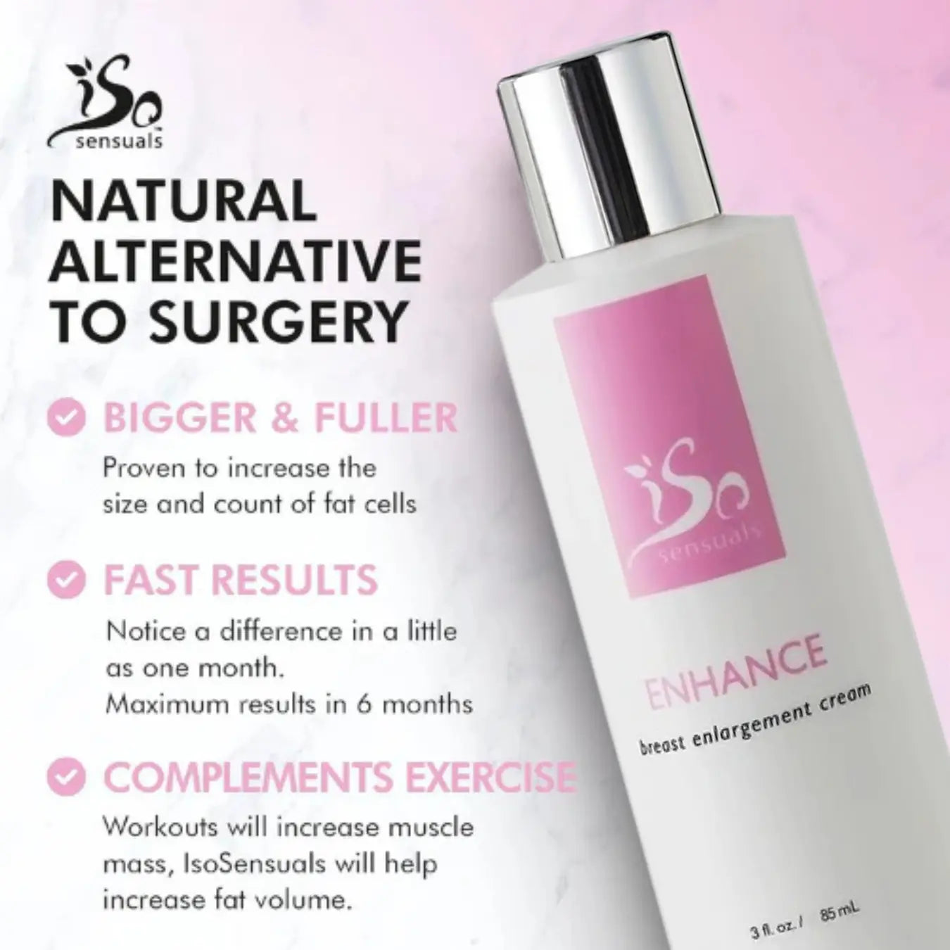 Bottle of Iso Sensuals breast enlargement cream with promotional text on a pink background